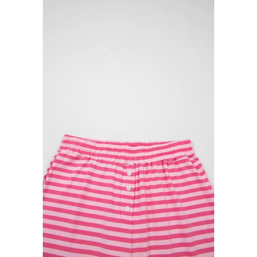 Stripe Drop Shoulder Round Neck Top and Buttoned Straight Pants Two Piece Set Apparel and Accessories