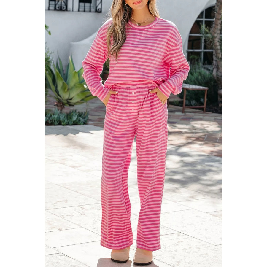 Stripe Drop Shoulder Round Neck Top and Buttoned Straight Pants Two Piece Set Apparel and Accessories