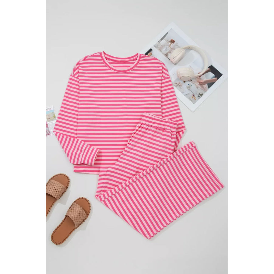 Stripe Drop Shoulder Round Neck Top and Buttoned Straight Pants Two Piece Set Apparel and Accessories