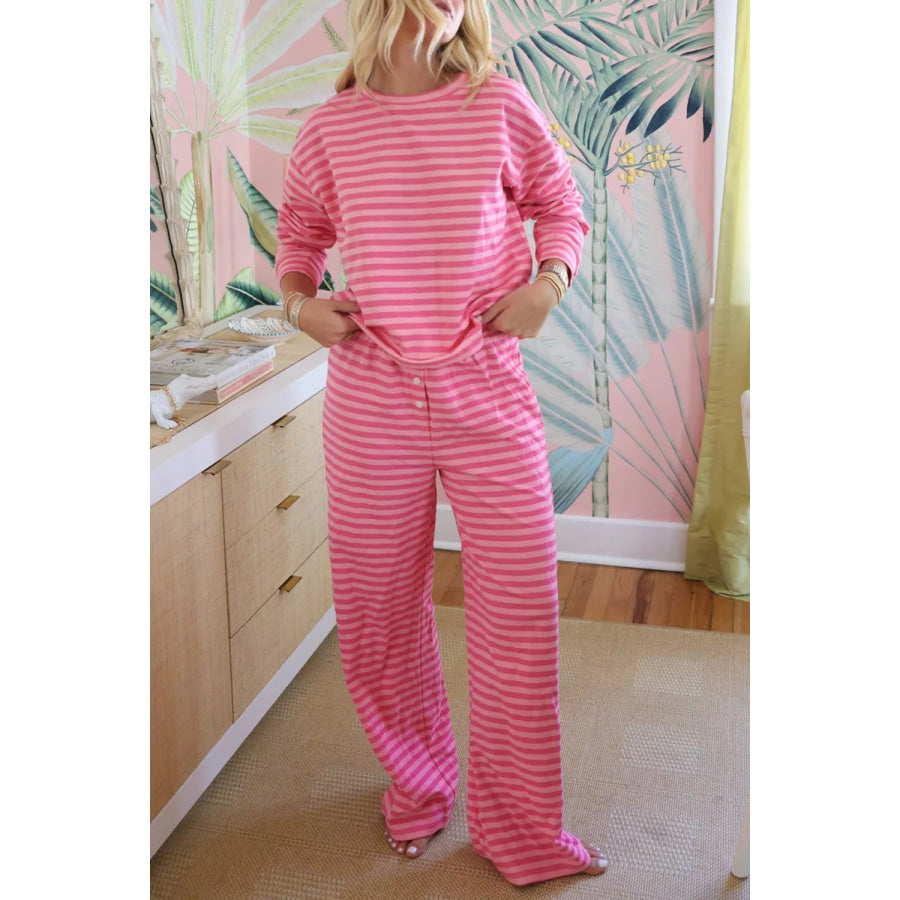 Stripe Drop Shoulder Round Neck Top and Buttoned Straight Pants Two Piece Set Apparel and Accessories