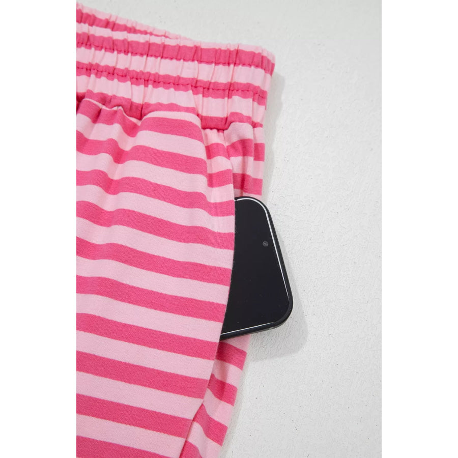 Stripe Drop Shoulder Round Neck Top and Buttoned Straight Pants Two Piece Set Apparel and Accessories