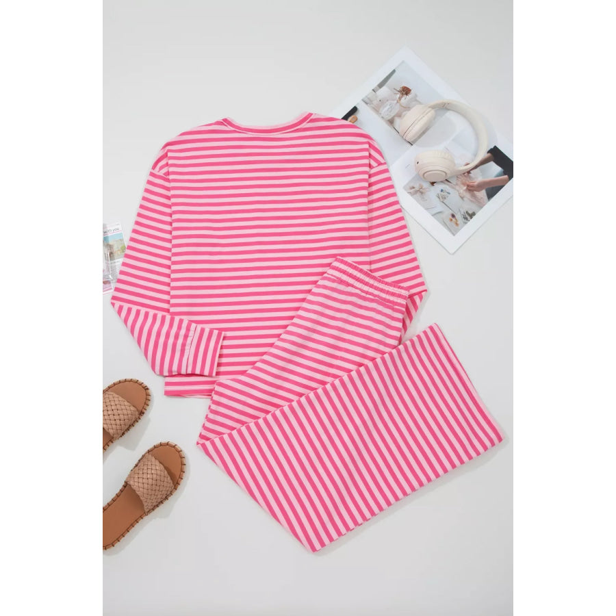 Stripe Drop Shoulder Round Neck Top and Buttoned Straight Pants Two Piece Set Apparel and Accessories