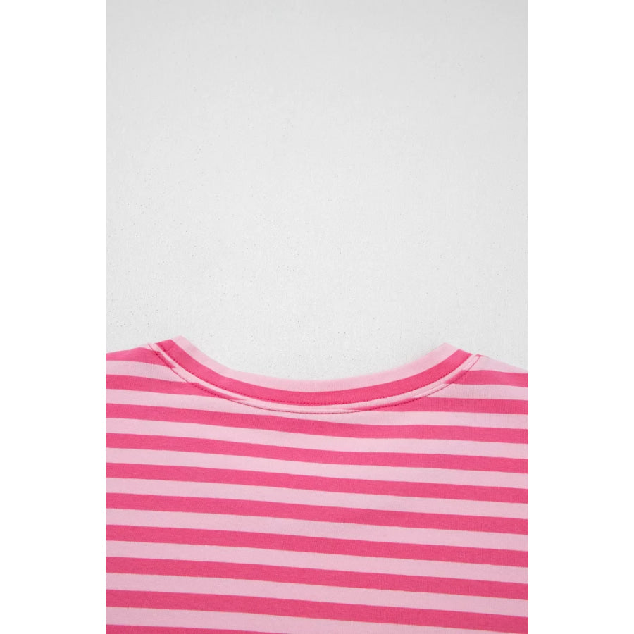 Stripe Drop Shoulder Round Neck Top and Buttoned Straight Pants Two Piece Set Apparel and Accessories