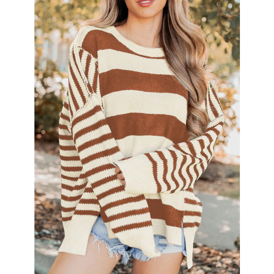 Stripe Drop Shoulder Sleeve Patchwork Baggy Sweater Caramel / S Apparel and Accessories