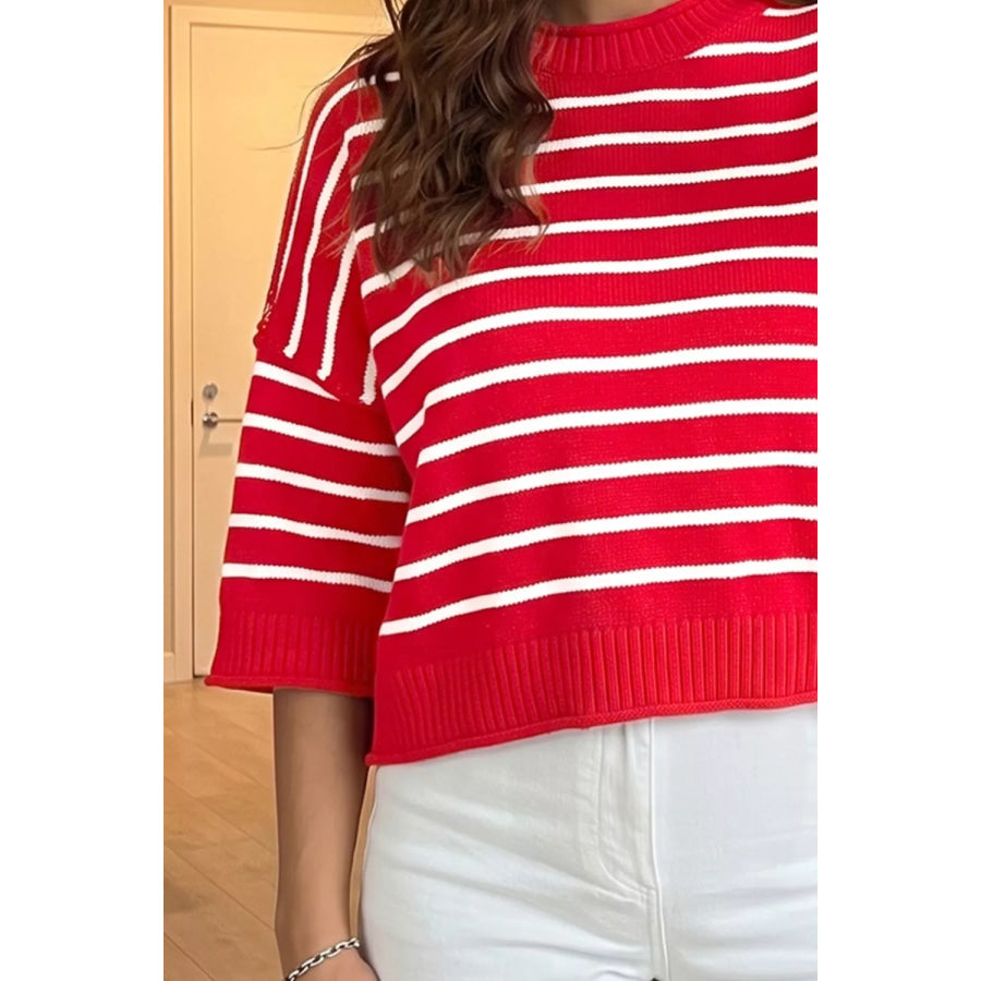 Stripe Dropped Shoulder Half Sleeve Relaxed Knit Sweater Apparel and Accessories