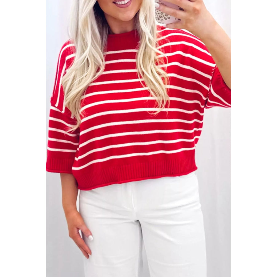 Stripe Dropped Shoulder Half Sleeve Relaxed Knit Sweater Apparel and Accessories