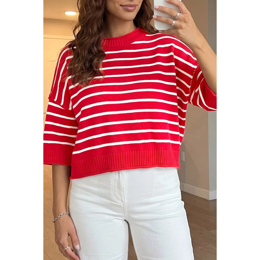 Stripe Dropped Shoulder Half Sleeve Relaxed Knit Sweater Scarlet / S Apparel and Accessories