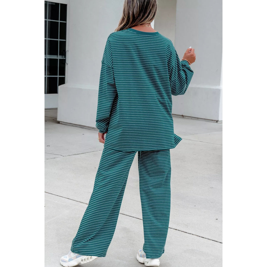 Stripe Dropped Shoulder Long Sleeve Top Elastic Waist Pants Casual 2pcs Set Apparel and Accessories