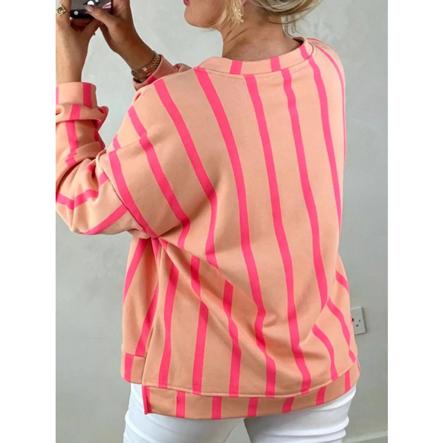 Stripe Dropped Shoulder Round Neck Casual Sweatshirt Apparel and Accessories