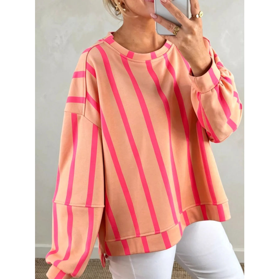 Stripe Dropped Shoulder Round Neck Casual Sweatshirt Watermelon pink / S Apparel and Accessories