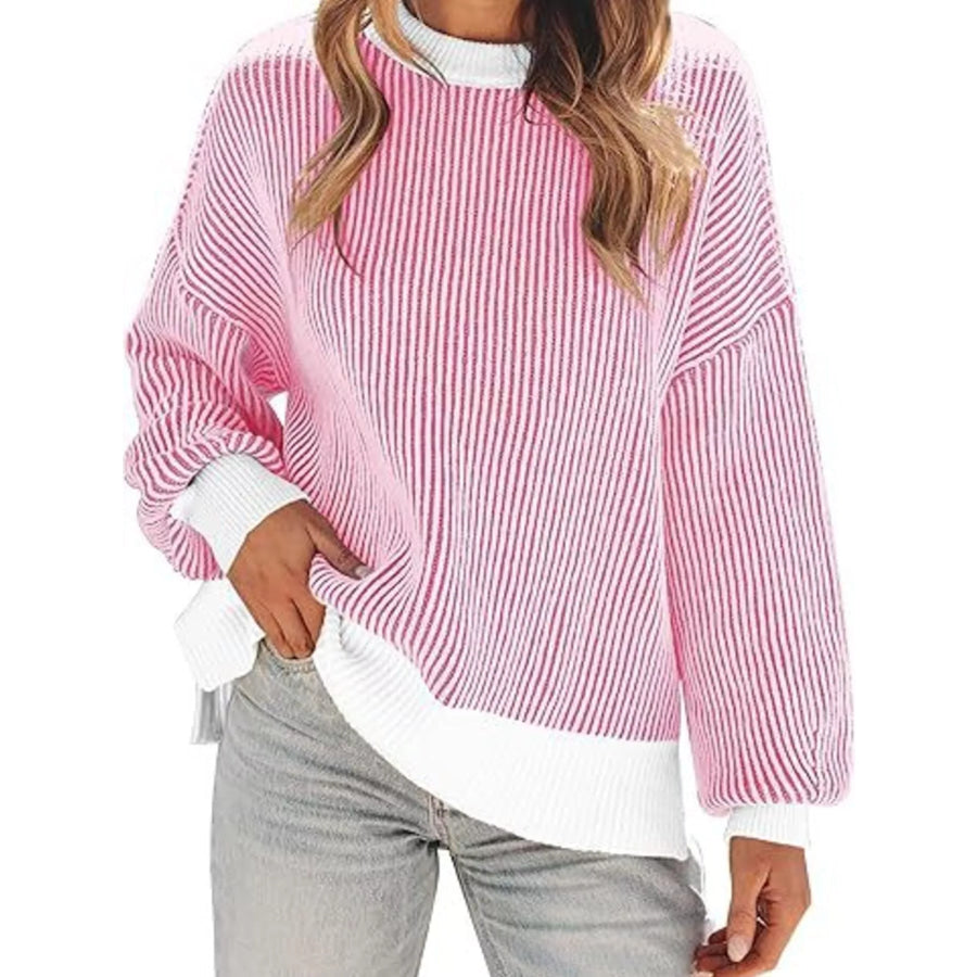Stripe Dropped Shoulder Sweater Pink / S Apparel and Accessories