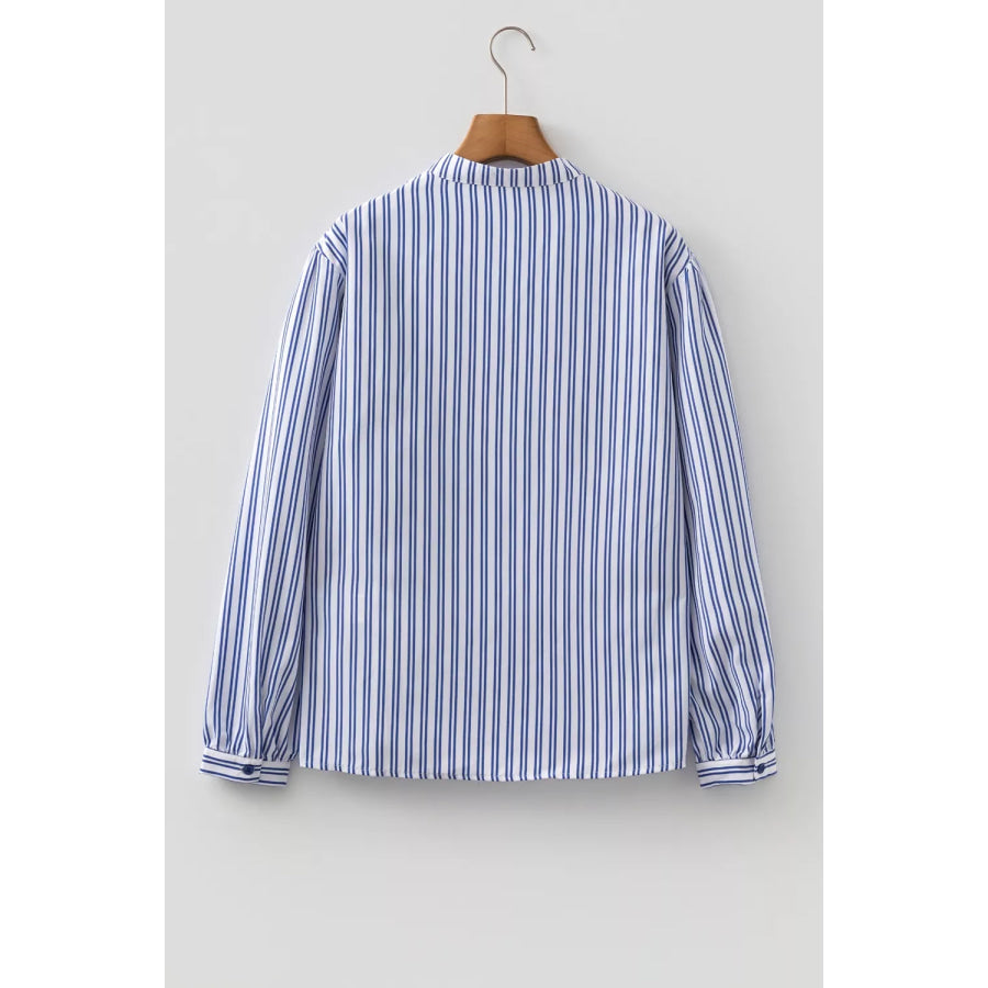 Stripe Embroidered Detail Button Front Long Sleeve Shirt Apparel and Accessories
