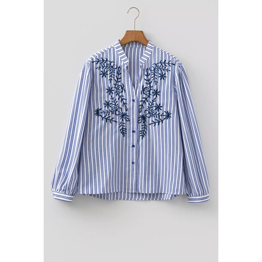 Stripe Embroidered Detail Button Front Long Sleeve Shirt Apparel and Accessories