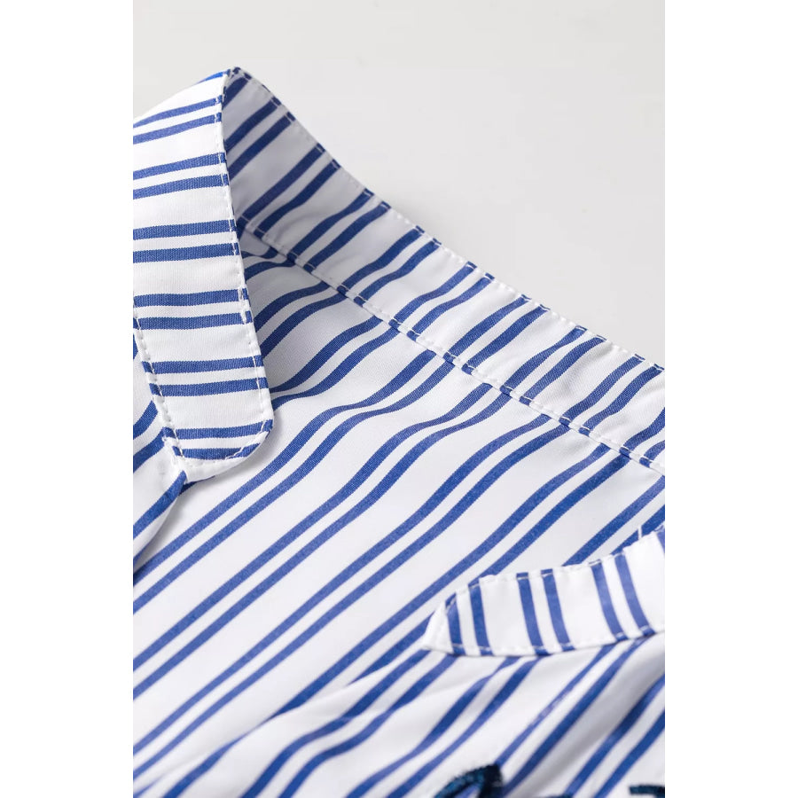 Stripe Embroidered Detail Button Front Long Sleeve Shirt Apparel and Accessories
