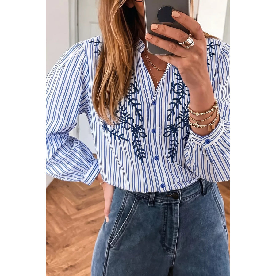 Stripe Embroidered Detail Button Front Long Sleeve Shirt Apparel and Accessories