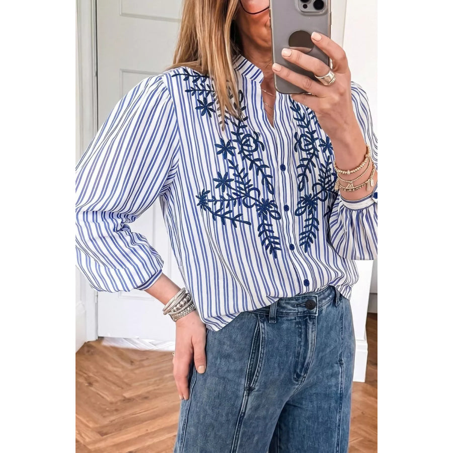Stripe Embroidered Detail Button Front Long Sleeve Shirt Apparel and Accessories