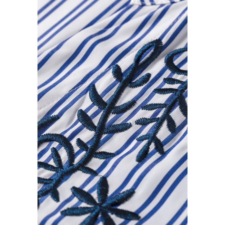 Stripe Embroidered Detail Button Front Long Sleeve Shirt Apparel and Accessories