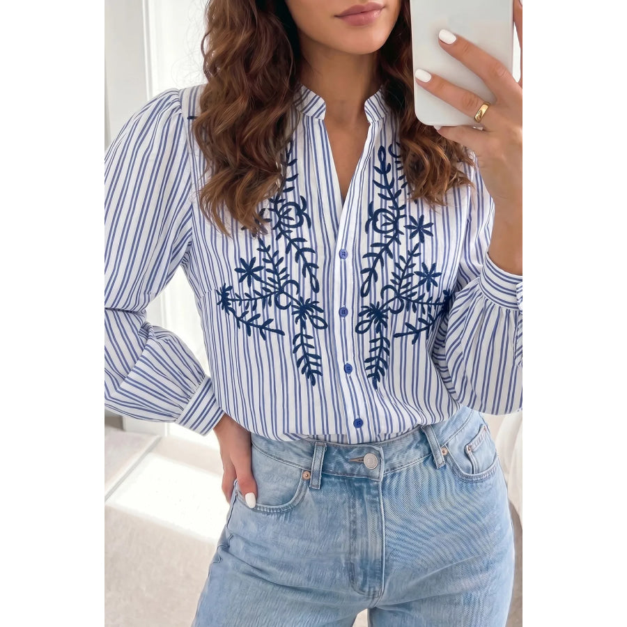 Stripe Embroidered Detail Button Front Long Sleeve Shirt Light Blue / S Apparel and Accessories