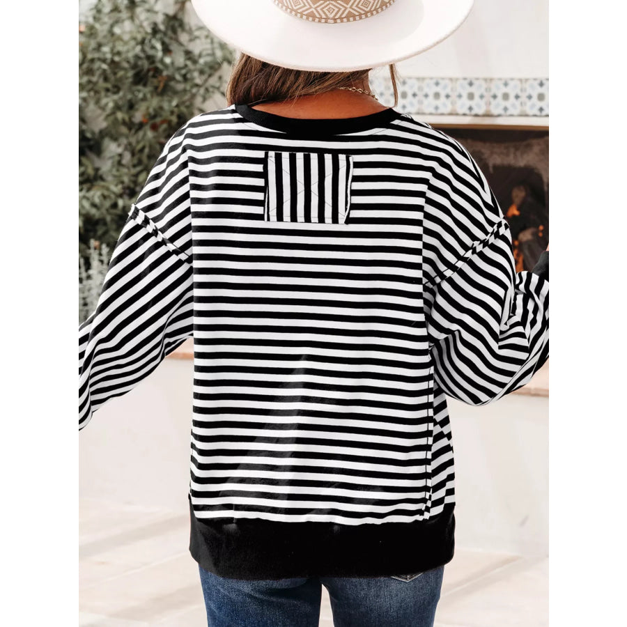 Stripe Exposed Seam Drop Shoulder Casual Pullover Top Apparel and Accessories