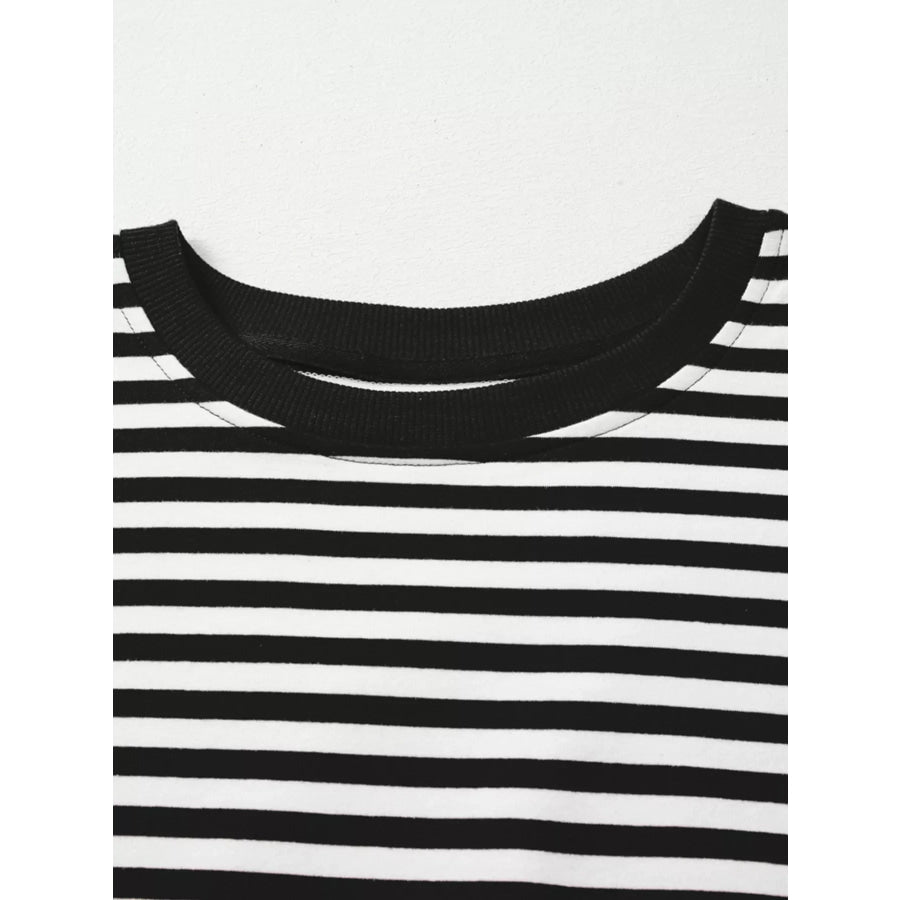Stripe Exposed Seam Drop Shoulder Casual Pullover Top Apparel and Accessories