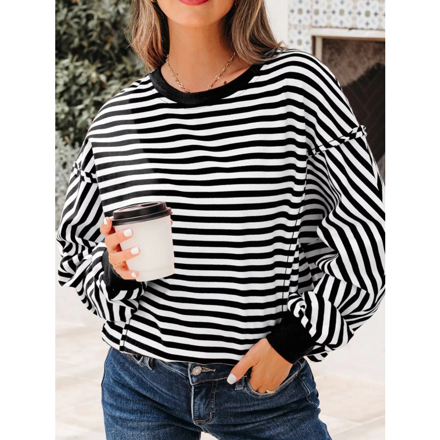 Stripe Exposed Seam Drop Shoulder Casual Pullover Top Apparel and Accessories