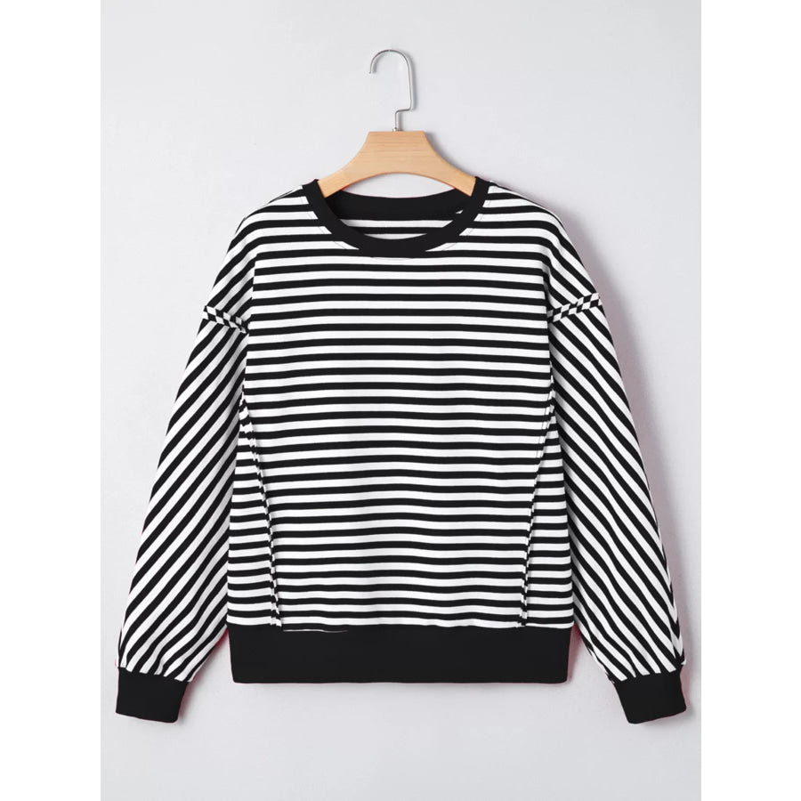 Stripe Exposed Seam Drop Shoulder Casual Pullover Top Apparel and Accessories