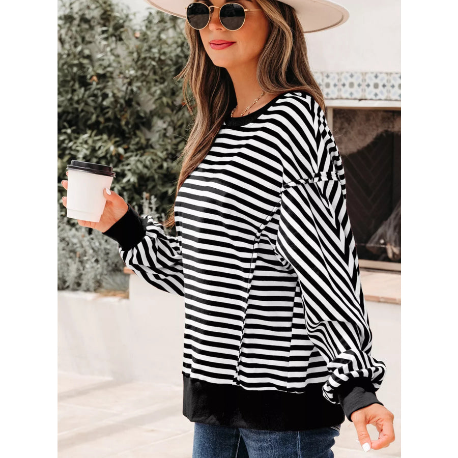 Stripe Exposed Seam Drop Shoulder Casual Pullover Top Apparel and Accessories