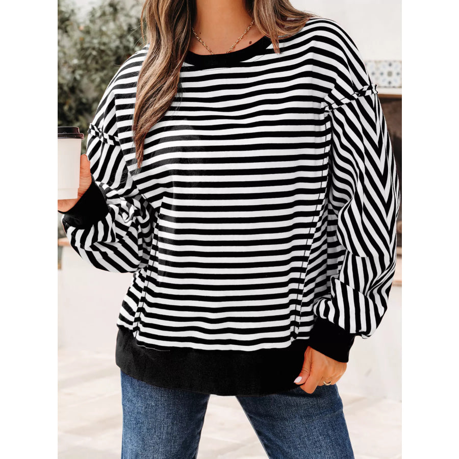 Stripe Exposed Seam Drop Shoulder Casual Pullover Top Black / S Apparel and Accessories
