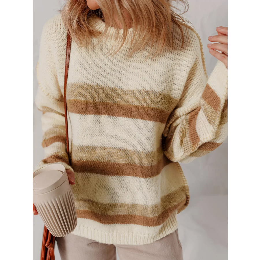 Stripe Exposed Seam Drop Shoulder Knit Baggy Sweater Apparel and Accessories