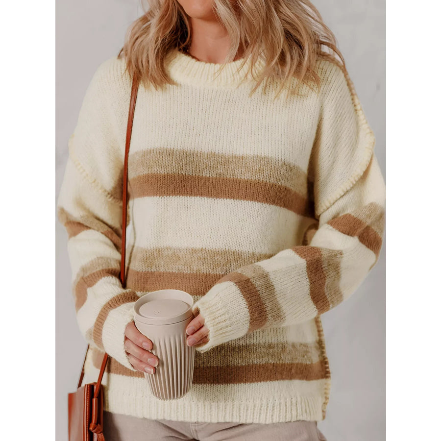 Stripe Exposed Seam Drop Shoulder Knit Baggy Sweater Apparel and Accessories