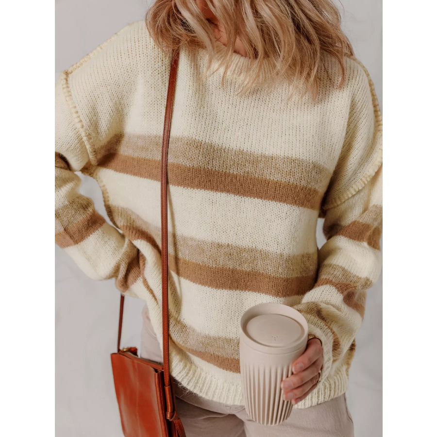 Stripe Exposed Seam Drop Shoulder Knit Baggy Sweater Apparel and Accessories