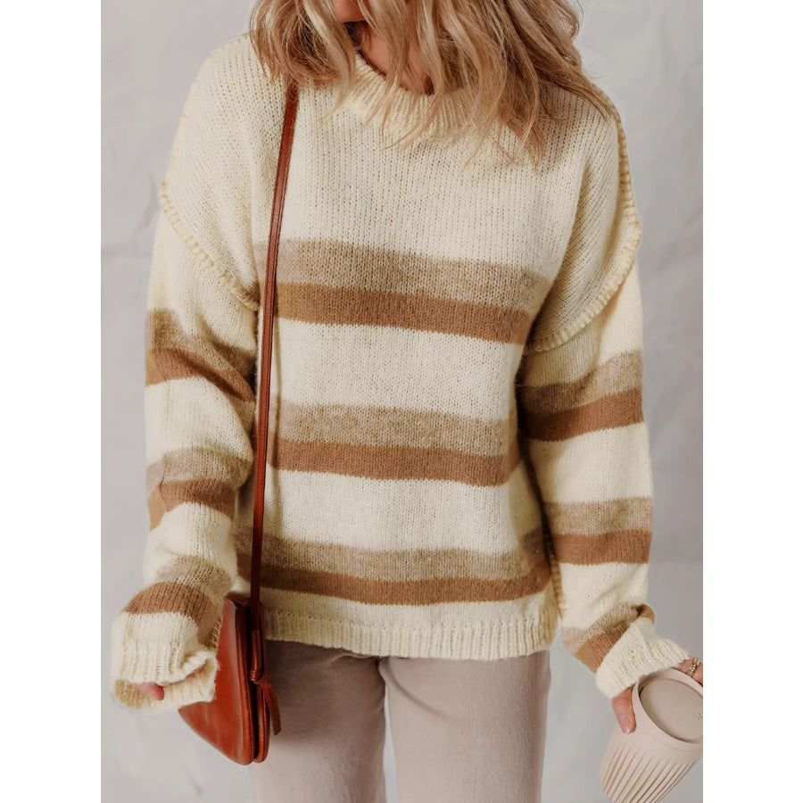 Stripe Exposed Seam Drop Shoulder Knit Baggy Sweater Khaki / S Apparel and Accessories