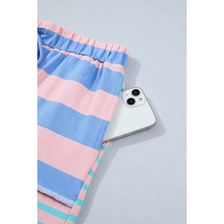Stripe Exposed Seam Mixed Patchwork Loose Short Set Apparel and Accessories