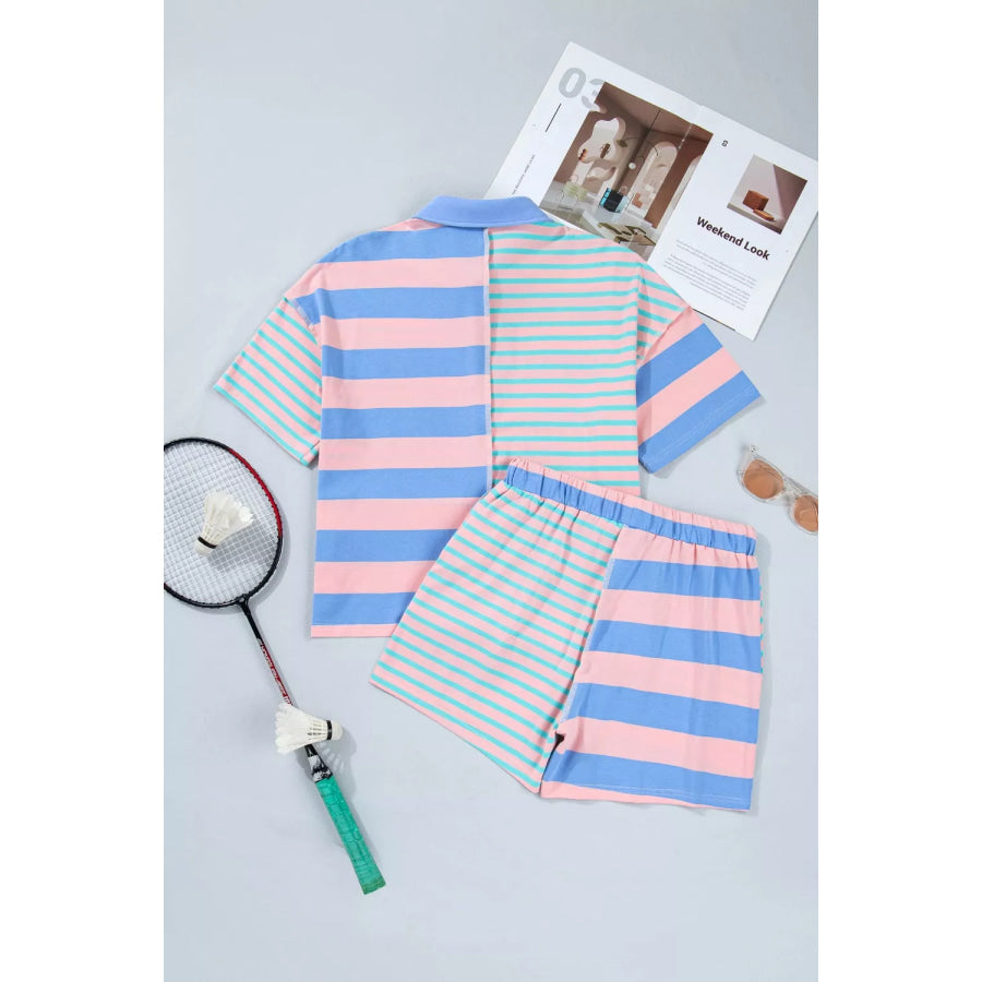 Stripe Exposed Seam Mixed Patchwork Loose Short Set Apparel and Accessories