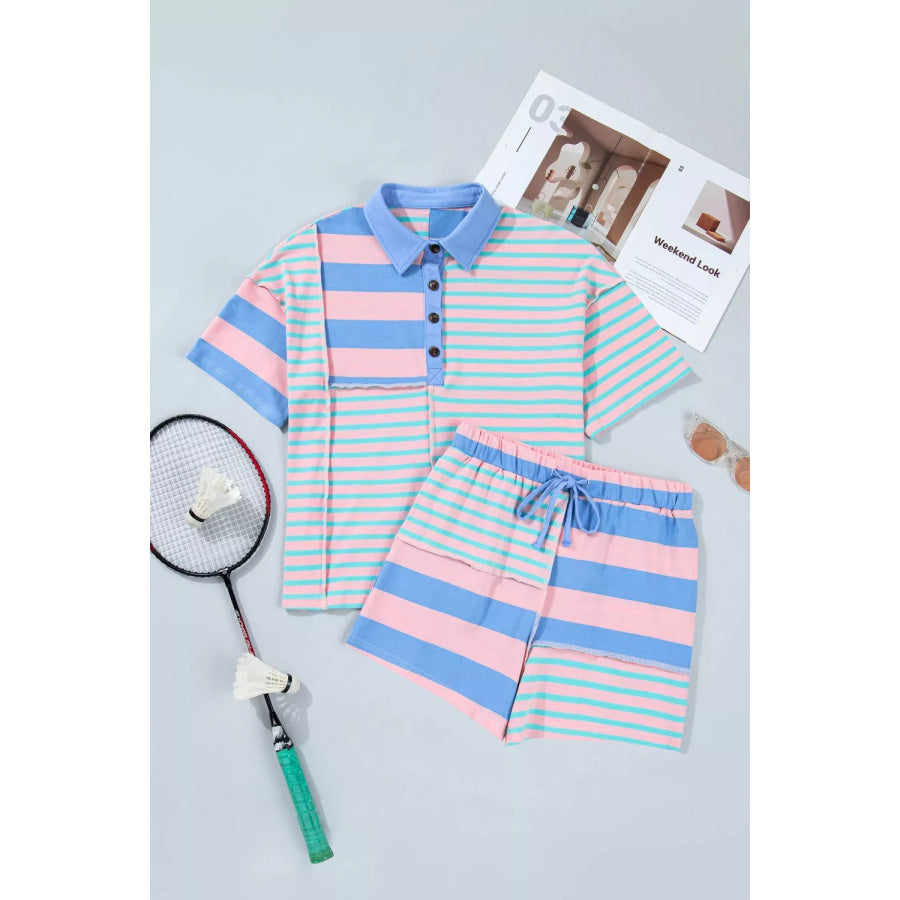 Stripe Exposed Seam Mixed Patchwork Loose Short Set Apparel and Accessories