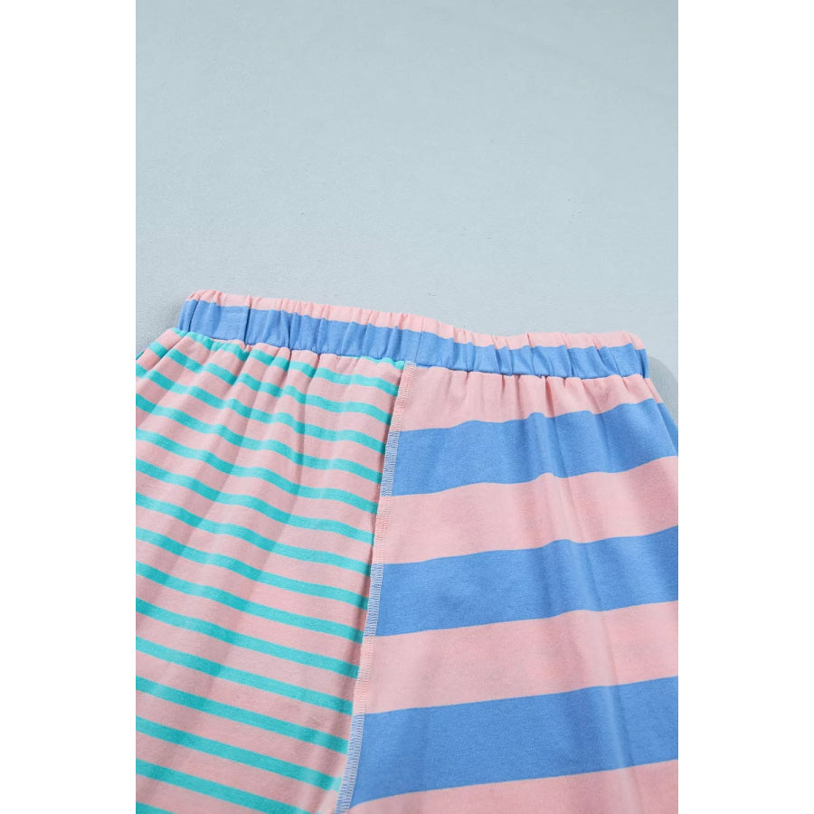Stripe Exposed Seam Mixed Patchwork Loose Short Set Apparel and Accessories