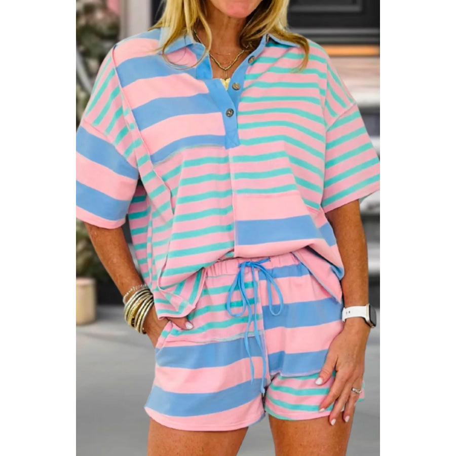 Stripe Exposed Seam Mixed Patchwork Loose Short Set Stripe / S Apparel and Accessories