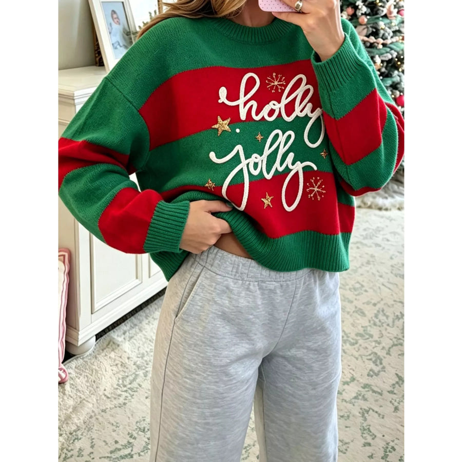 Stripe Festive Holly Jolly Sequin Christmas Holiday Sweater Dark Green / S Apparel and Accessories