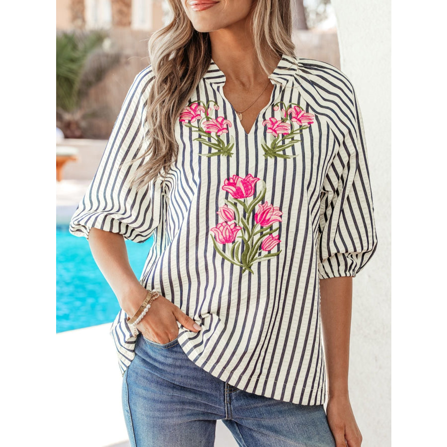 Stripe Floral Embroidered Detail V Neck Short Sleeve Blouse Apparel and Accessories