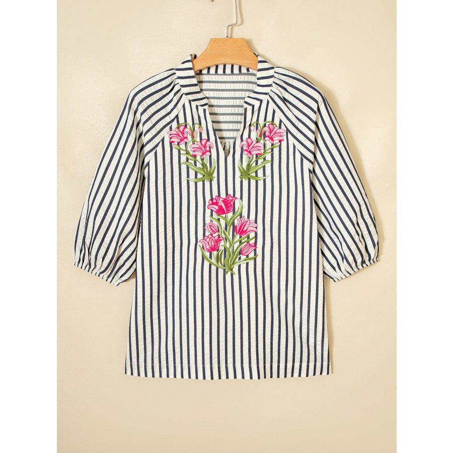 Stripe Floral Embroidered Detail V Neck Short Sleeve Blouse Apparel and Accessories