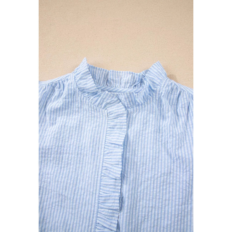 Stripe Floral Embroidered Puff Sleeve Ruffle Trim Shirt Apparel and Accessories