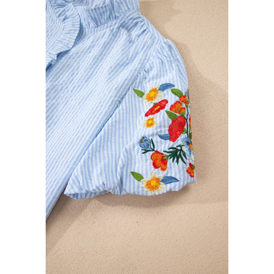 Stripe Floral Embroidered Puff Sleeve Ruffle Trim Shirt Apparel and Accessories