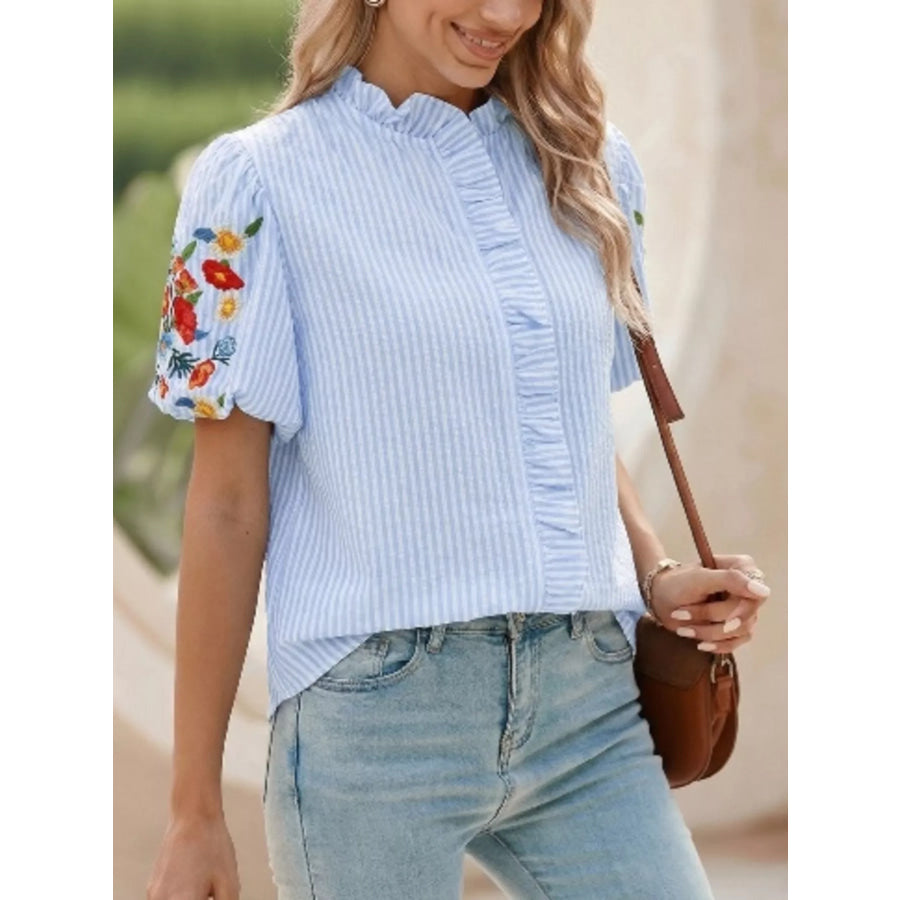 Stripe Floral Embroidered Puff Sleeve Ruffle Trim Shirt Apparel and Accessories
