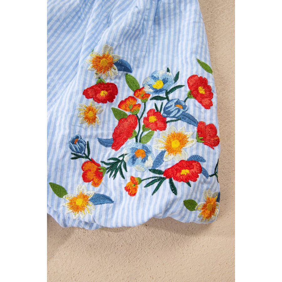 Stripe Floral Embroidered Puff Sleeve Ruffle Trim Shirt Apparel and Accessories