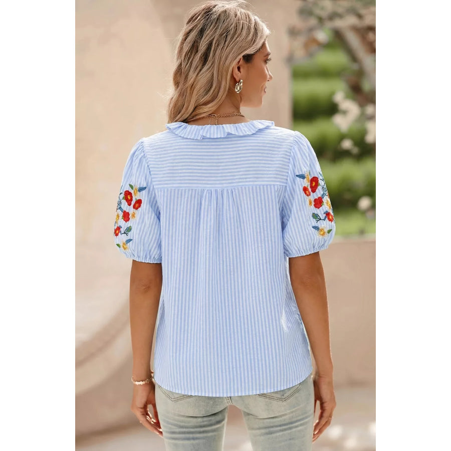 Stripe Floral Embroidered Puff Sleeve Ruffle Trim Shirt Apparel and Accessories