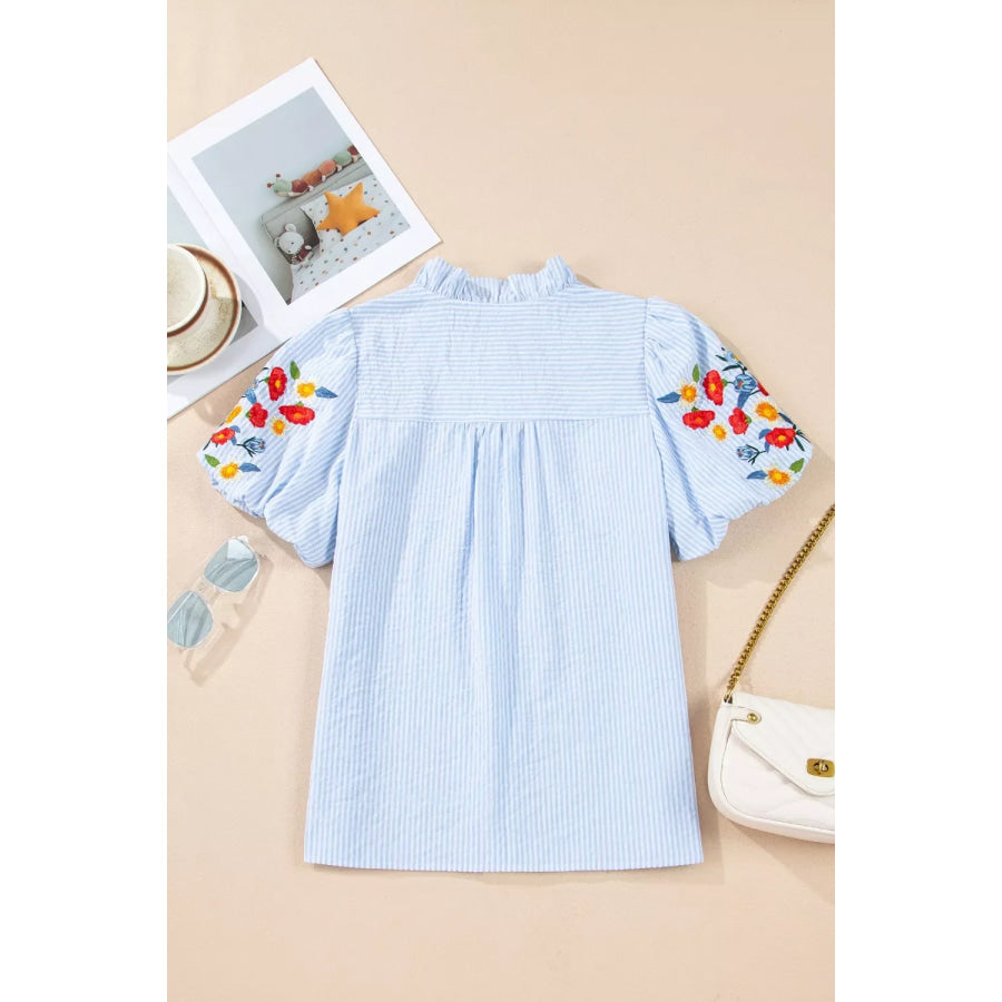 Stripe Floral Embroidered Puff Sleeve Ruffle Trim Shirt Apparel and Accessories