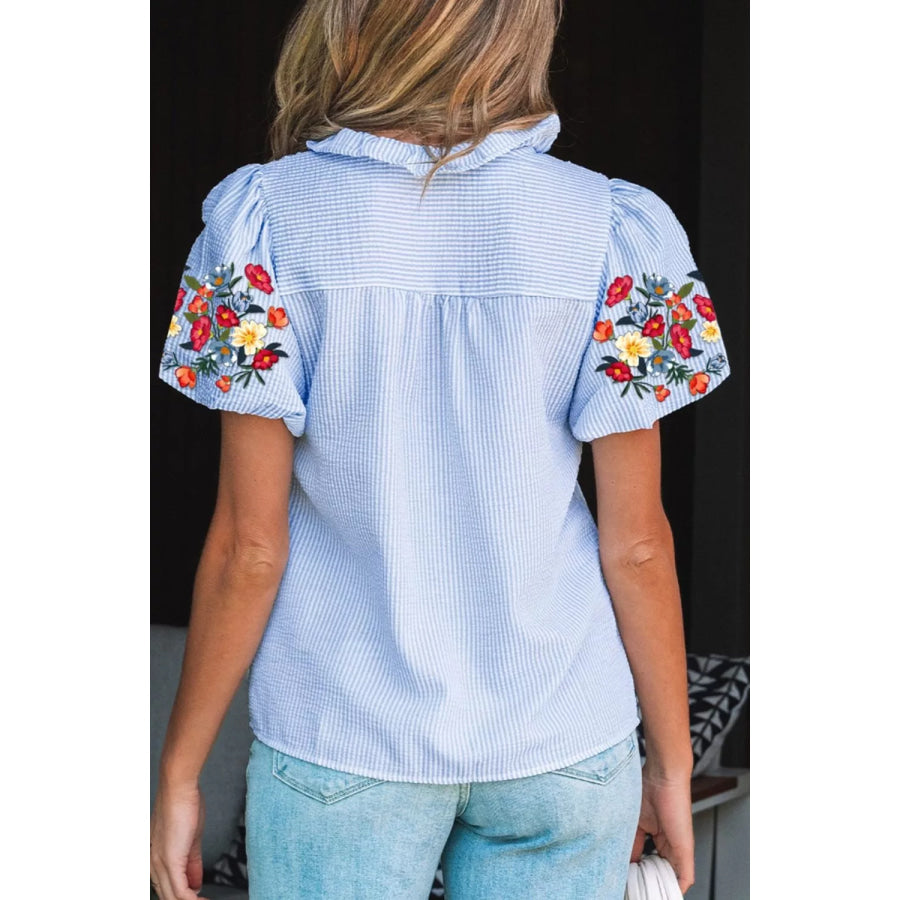 Stripe Floral Embroidered Puff Sleeve Ruffle Trim Shirt Apparel and Accessories