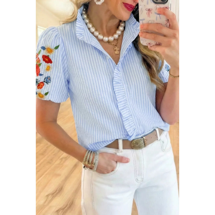 Stripe Floral Embroidered Puff Sleeve Ruffle Trim Shirt Apparel and Accessories