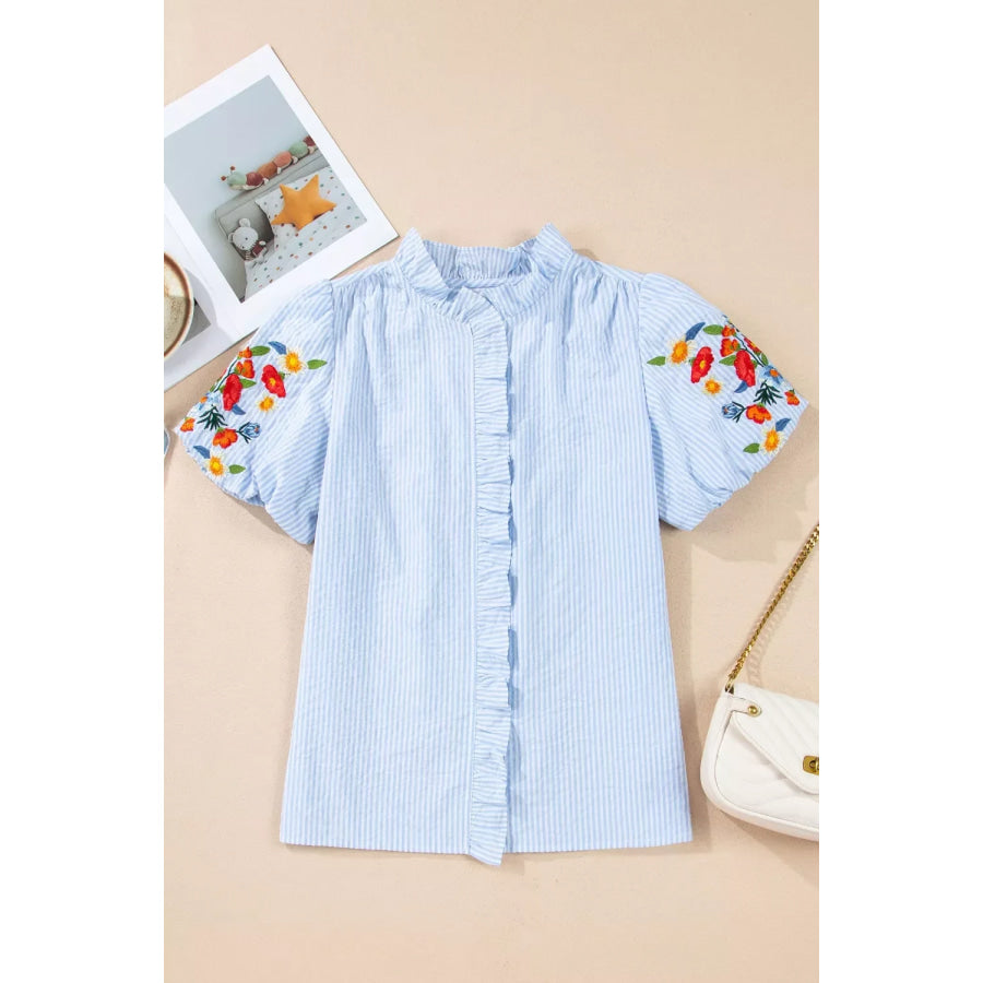 Stripe Floral Embroidered Puff Sleeve Ruffle Trim Shirt Apparel and Accessories