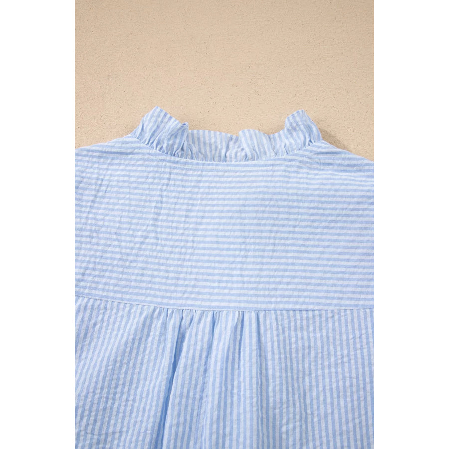 Stripe Floral Embroidered Puff Sleeve Ruffle Trim Shirt Apparel and Accessories